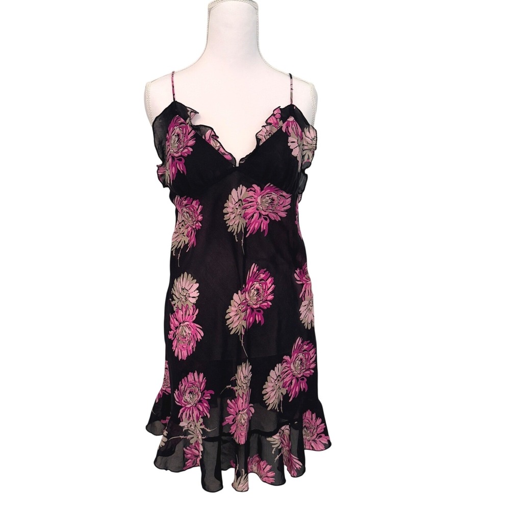 Anne Klein Sheer Slip Dress Womens Medium Black Pink Floral Ruffle Chiffon